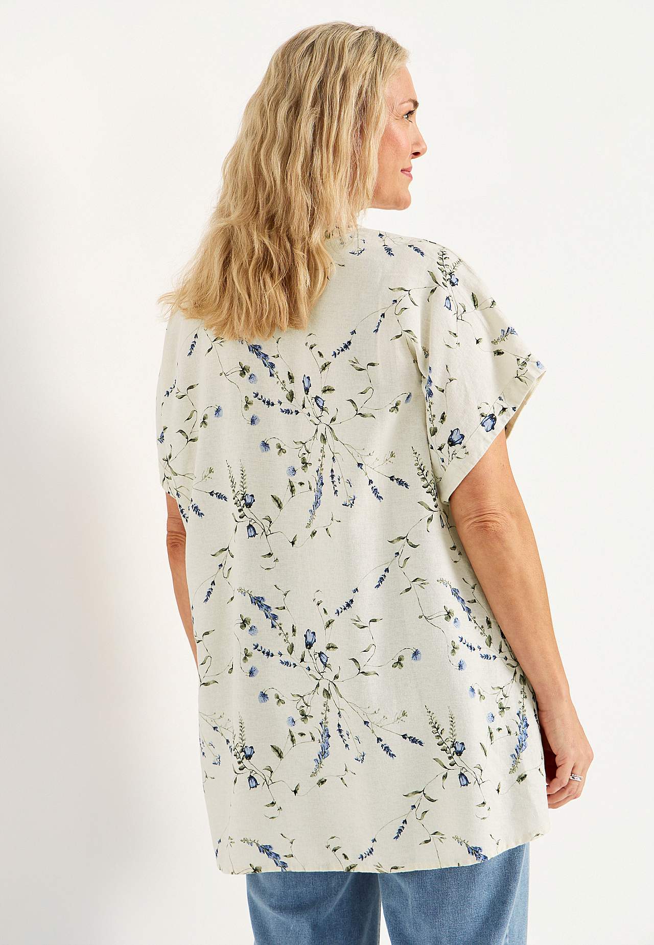 Květinová lněná tunika s knoflíky